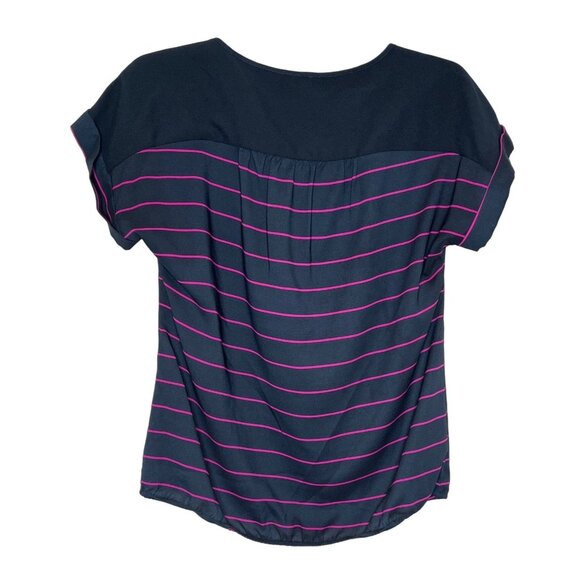 Ann Taylor Striped Blouse Size M Navy Pink Elastic Hem Cap Sleeve Top - Picture 2 of 12